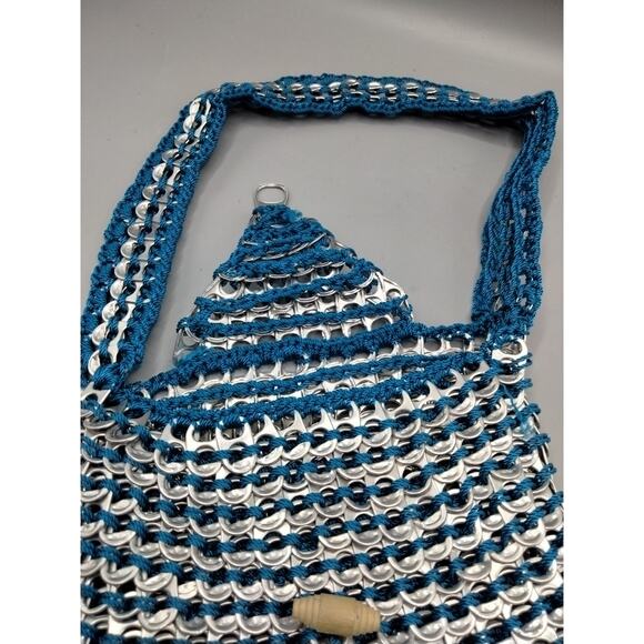 Macrame Aluminum Can Pull Tab Shoulder Bag Purse Round Teal Blue Pop Art Recycle - Picture 8 of 10